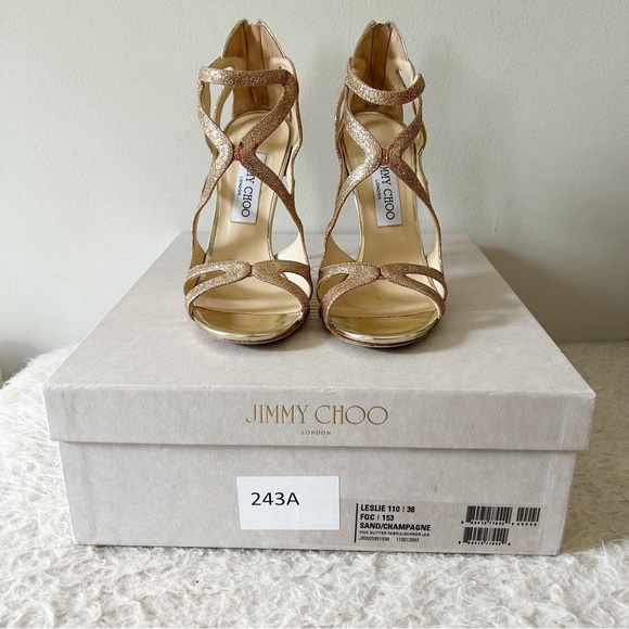 Jimmy Choo Leslie Gold Champagne Glitter Strappy Caged Heels Sandals Size EU 38 - Picture 2 of 14